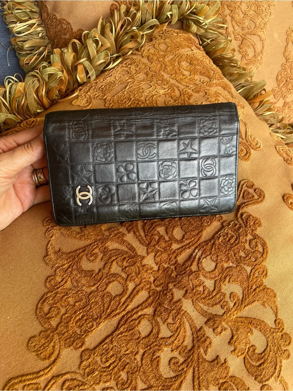 CHANEL Black Quilted Embossed Leather Wallet Clutch with Gold CC